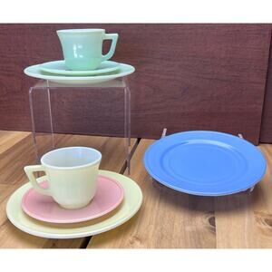 Vtg 40s Kids Glass Tea Set Pastel Green Pink Yellow Blue Retro Girly Shabby Chic